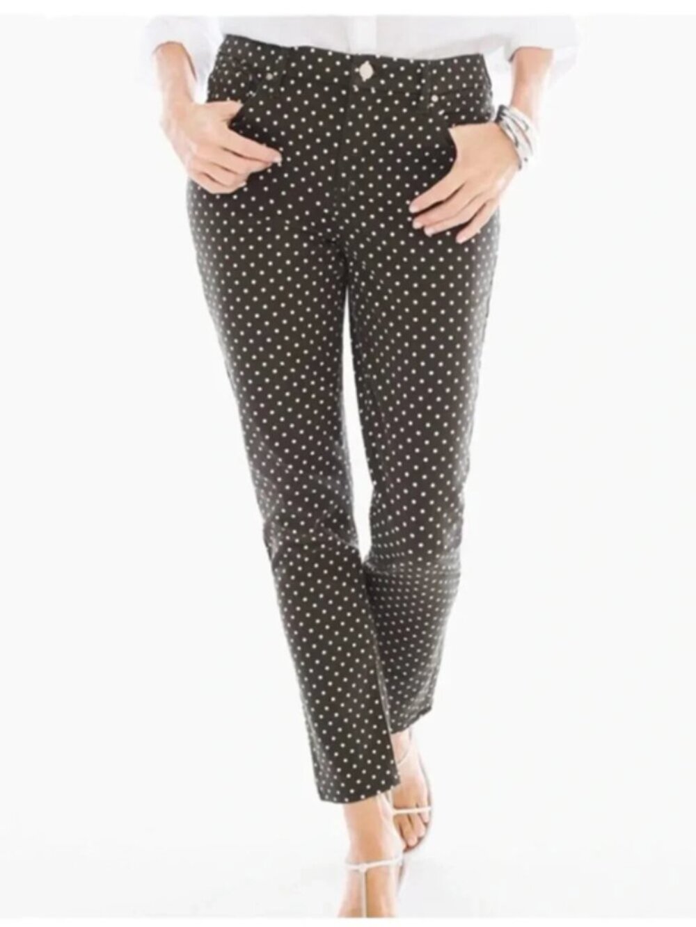 Chico's So Slimming Army Green Girlfriend Polka Dot Ankle Stretch Jean size 1